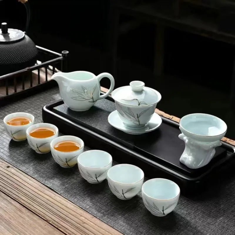 Ceramic Teapot/Gaiwan Tea Set [Qinghua Golden Line Bamboo/Lotus] - YIQIN TEA HOUSE | yiqinteahouse.com | ceramic teapot, gaiwan, teapot, teaware, teaware set