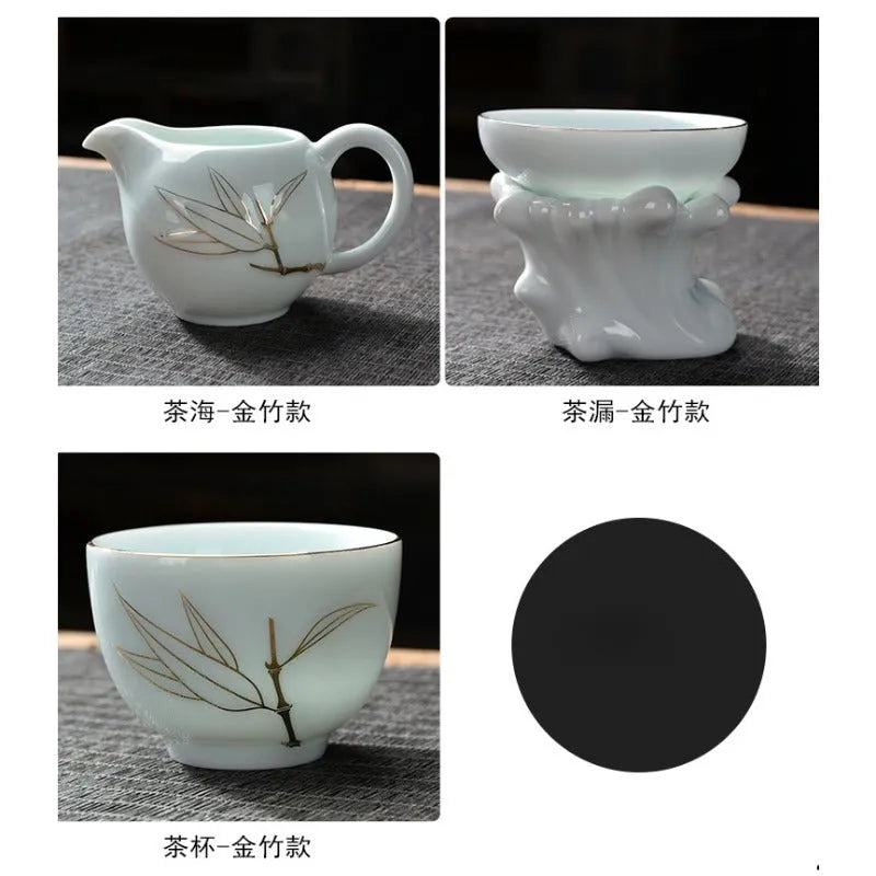 Ceramic Teapot/Gaiwan Tea Set [Qinghua Golden Line Bamboo/Lotus] - YIQIN TEA HOUSE | yiqinteahouse.com | ceramic teapot, gaiwan, teapot, teaware, teaware set