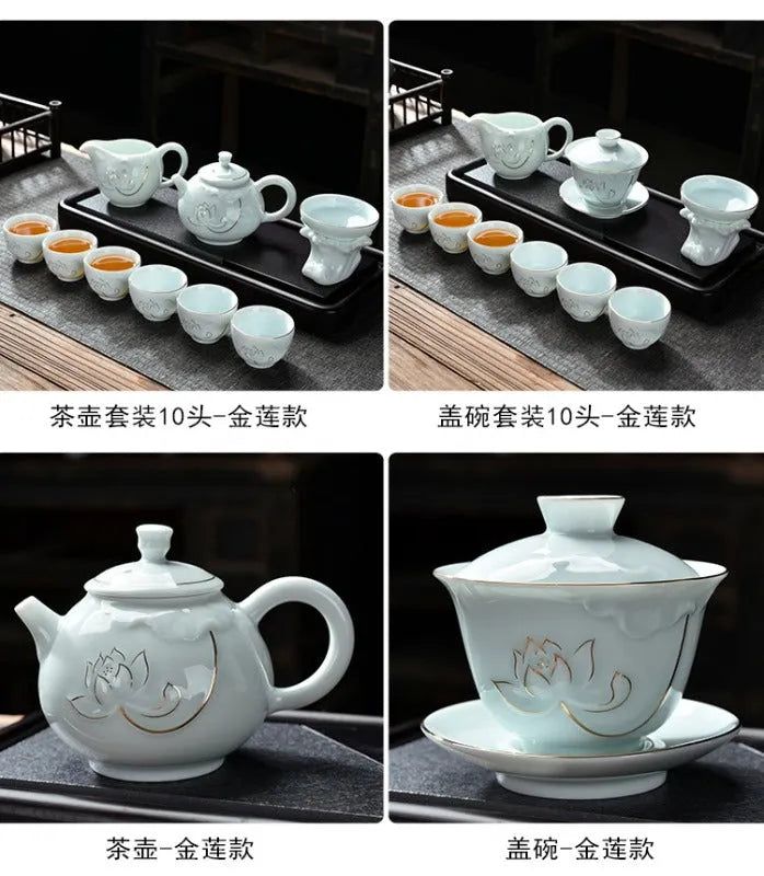 Ceramic Teapot/Gaiwan Tea Set [Qinghua Golden Line Bamboo/Lotus] - YIQIN TEA HOUSE | yiqinteahouse.com | ceramic teapot, gaiwan, teapot, teaware, teaware set