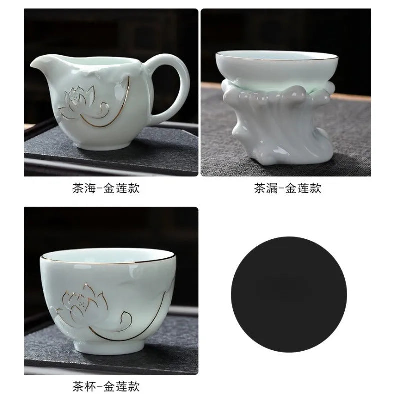 Ceramic Teapot/Gaiwan Tea Set [Qinghua Golden Line Bamboo/Lotus] - YIQIN TEA HOUSE | yiqinteahouse.com | ceramic teapot, gaiwan, teapot, teaware, teaware set