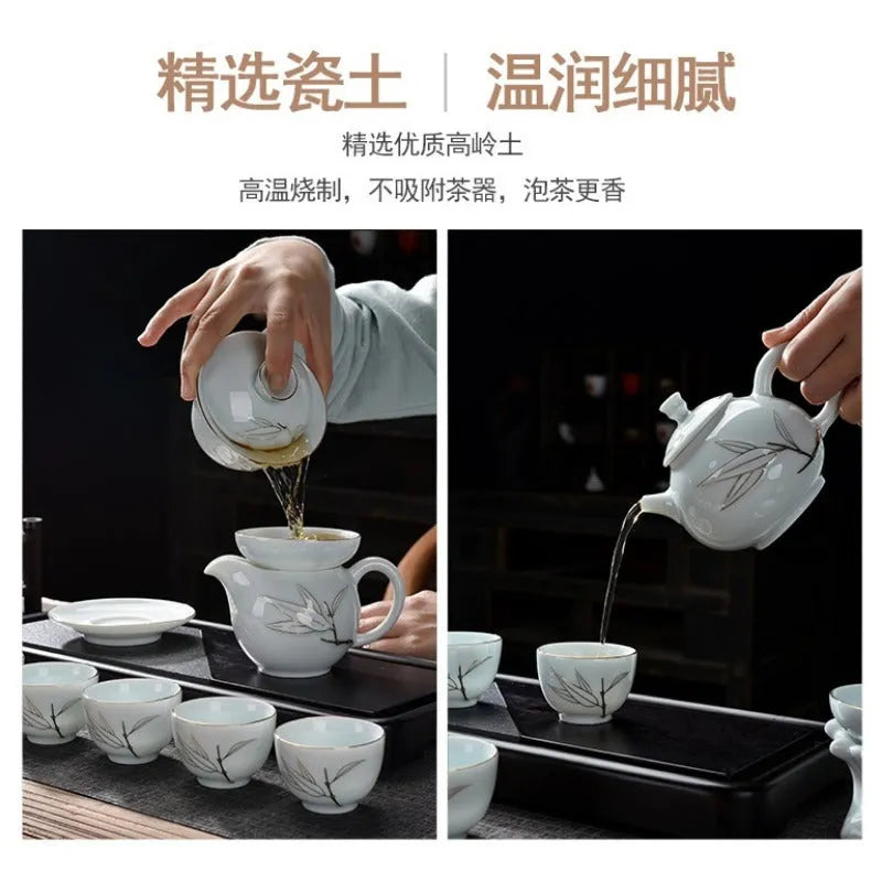 Ceramic Teapot/Gaiwan Tea Set [Qinghua Golden Line Bamboo/Lotus] - YIQIN TEA HOUSE | yiqinteahouse.com | ceramic teapot, gaiwan, teapot, teaware, teaware set