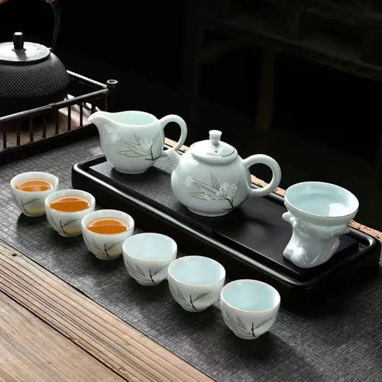 Ceramic Teapot/Gaiwan Tea Set [Qinghua Golden Line Bamboo/Lotus] - YIQIN TEA HOUSE | yiqinteahouse.com | ceramic teapot, gaiwan, teapot, teaware, teaware set