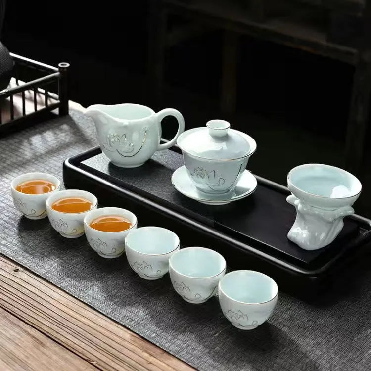 Ceramic Teapot/Gaiwan Tea Set [Qinghua Golden Line Bamboo/Lotus] - YIQIN TEA HOUSE | yiqinteahouse.com | ceramic teapot, gaiwan, teapot, teaware, teaware set