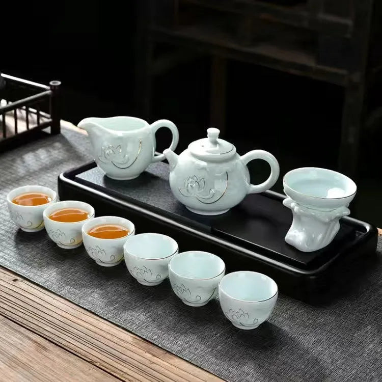 Ceramic Teapot/Gaiwan Tea Set [Qinghua Golden Line Bamboo/Lotus] - YIQIN TEA HOUSE | yiqinteahouse.com | ceramic teapot, gaiwan, teapot, teaware, teaware set