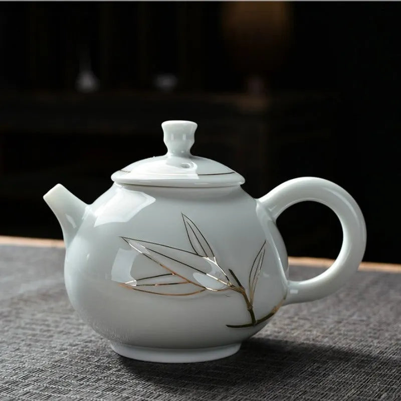 Ceramic Teapot/Gaiwan Tea Set [Qinghua Golden Line Bamboo/Lotus] - YIQIN TEA HOUSE | yiqinteahouse.com | ceramic teapot, gaiwan, teapot, teaware, teaware set