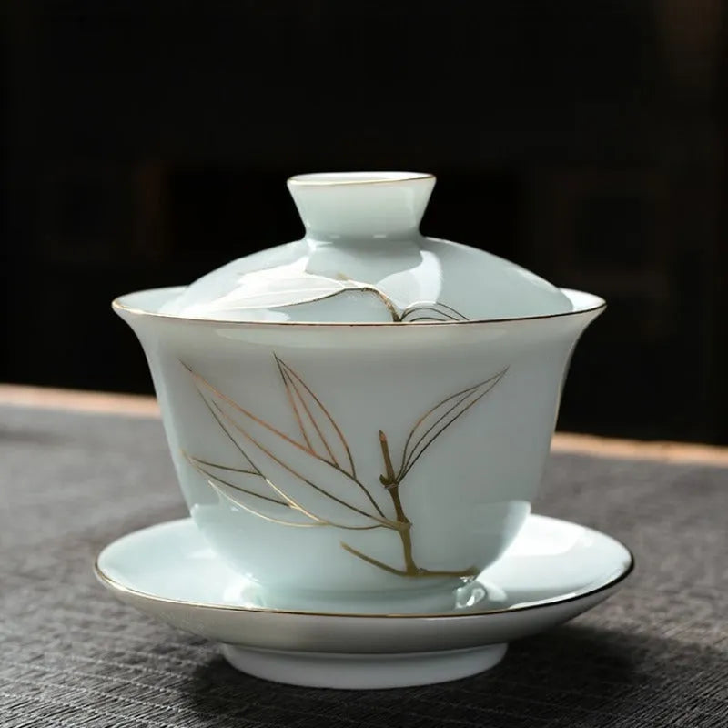 Ceramic Teapot/Gaiwan Tea Set [Qinghua Golden Line Bamboo/Lotus] - YIQIN TEA HOUSE | yiqinteahouse.com | ceramic teapot, gaiwan, teapot, teaware, teaware set