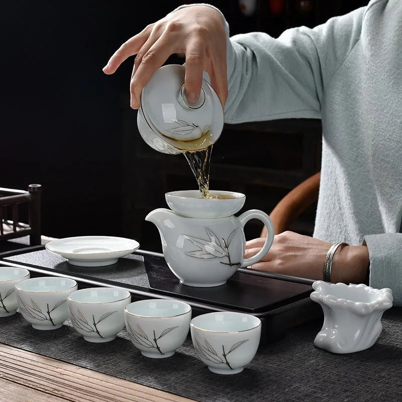 Ceramic Teapot/Gaiwan Tea Set [Qinghua Golden Line Bamboo/Lotus] - YIQIN TEA HOUSE | yiqinteahouse.com | ceramic teapot, gaiwan, teapot, teaware, teaware set