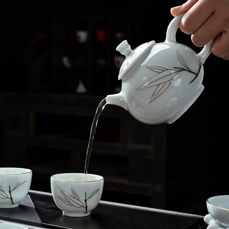 Ceramic Teapot/Gaiwan Tea Set [Qinghua Golden Line Bamboo/Lotus] - YIQIN TEA HOUSE | yiqinteahouse.com | ceramic teapot, gaiwan, teapot, teaware, teaware set