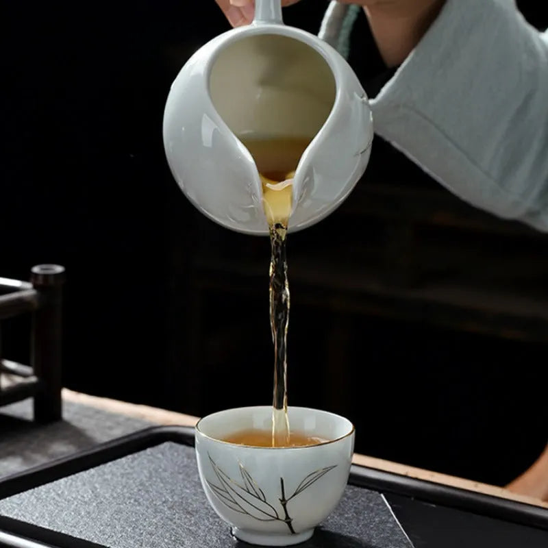 Ceramic Teapot/Gaiwan Tea Set [Qinghua Golden Line Bamboo/Lotus] - YIQIN TEA HOUSE | yiqinteahouse.com | ceramic teapot, gaiwan, teapot, teaware, teaware set