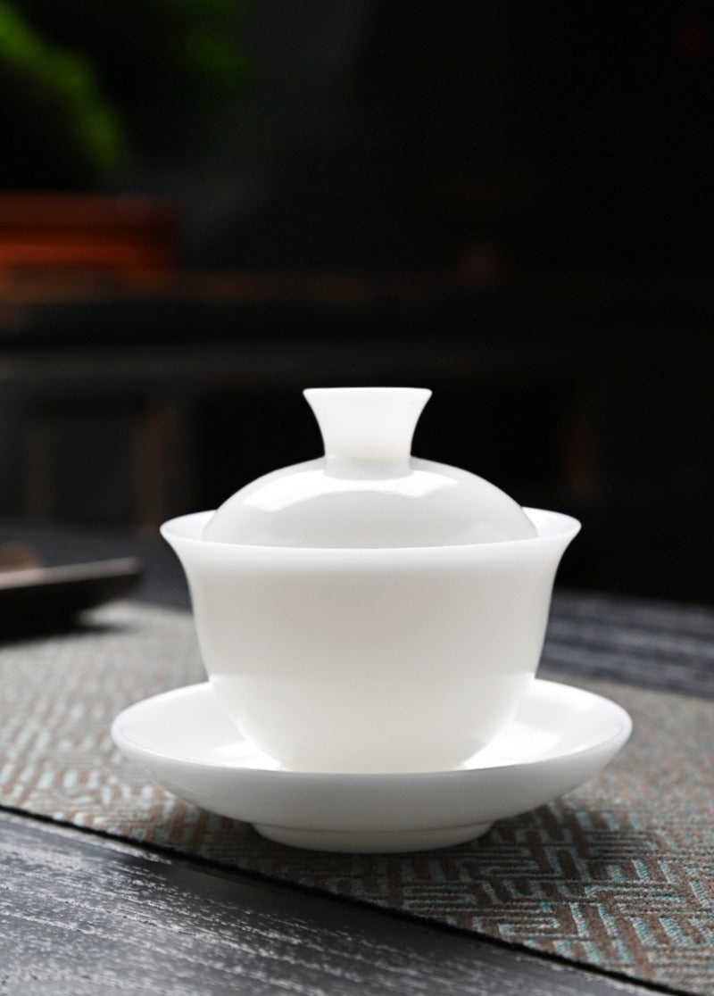 Ice Jade White Porcelain Unglazed Thin Walled Sancai Gaiwan [Ingot] 120/150/230ml