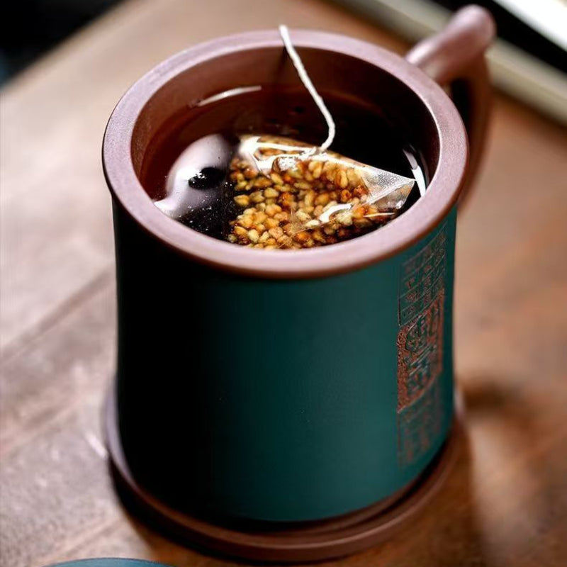 宜兴紫砂 [如意] (带茶滤/茶水分离) 盖杯 (紫泥/绿泥 - 480ml)