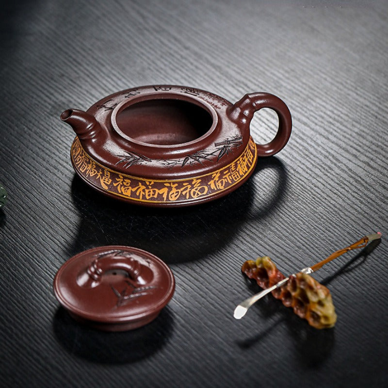 Full Handmade Yixing Zisha Teapot [Zhu Yun Baifu 竹韵百福] (Zi Xue Sha - 380ml)