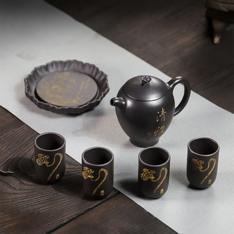 Full Handmade Yixing Zisha Teapot [Wen Xiang] 1 Pot 4 Cups with Tea Tray Set (Shi Huang - 150ml) - YIQIN TEA HOUSE | yiqinteahouse.com | <200ml, full handmade zisha teapot, teapot, teaware, teaware set