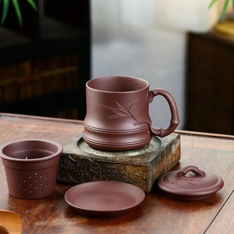 Yixing Zisha Tea Mug with Filter [Bamboo] 4pcs Set (Zi Ni - 480ml)