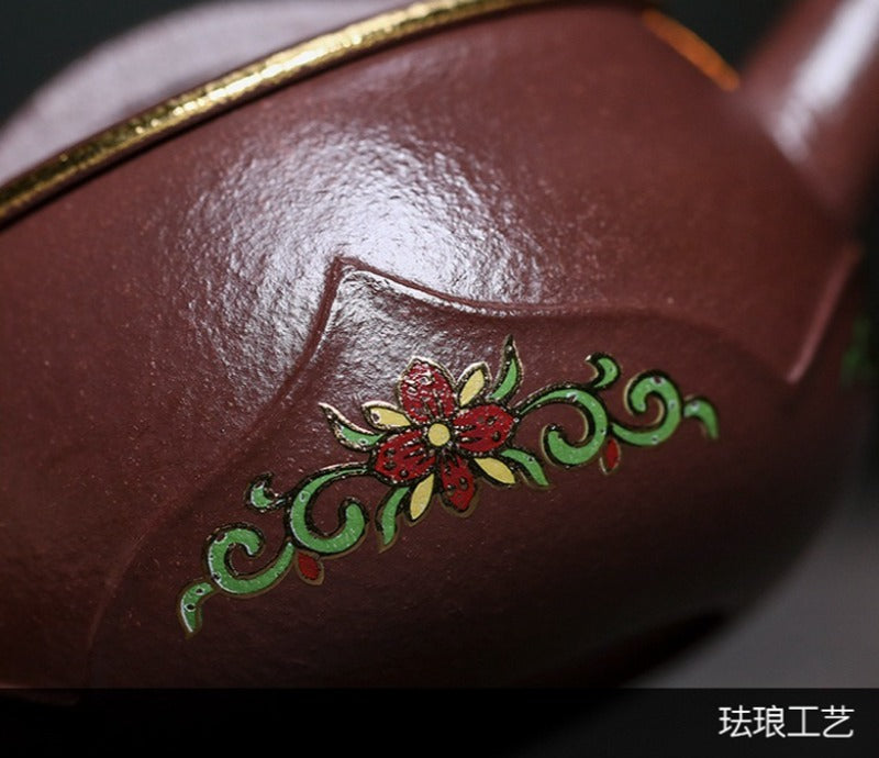 全手工宜兴紫砂茶壶 [竹影莲花] (30目紫泥 - 170ml)