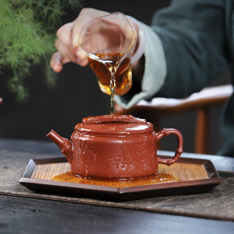 全手工宜兴紫砂茶壶 [竹海飘香汉瓦] (红皮龙 - 320ml)