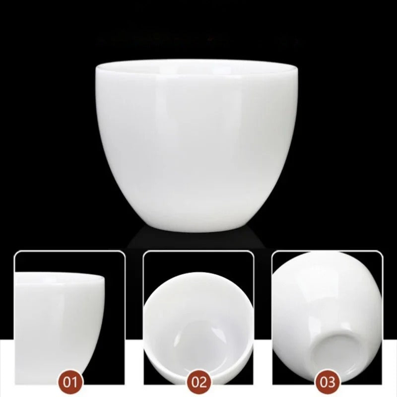 A glossy white ceramic cup or bowl-shaped vessel shown on a black background, with three inset detail views labeled 01, 02, and 03 showing the side, bottom interior, and base.

