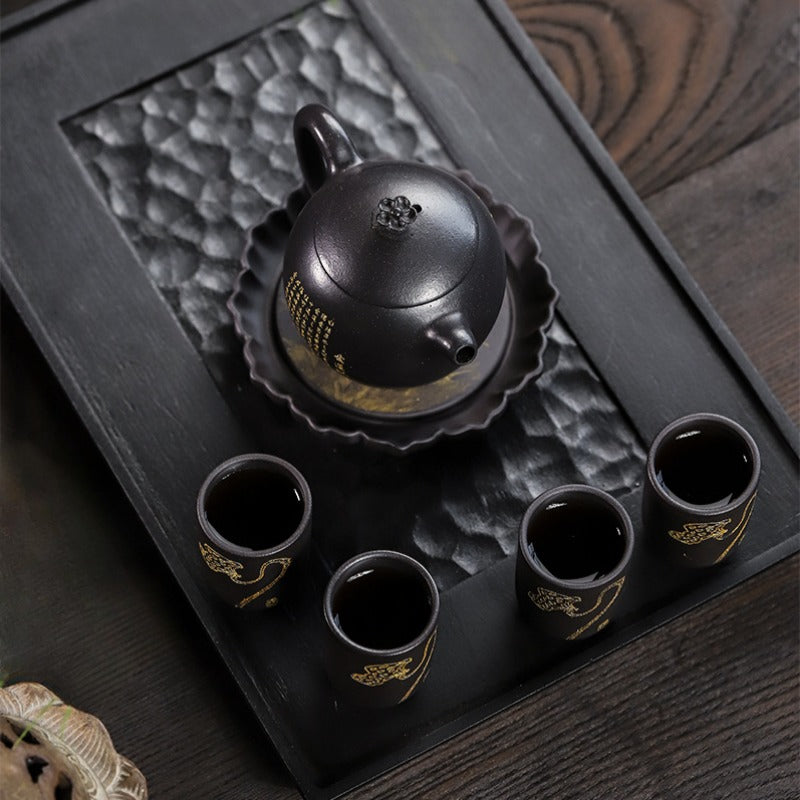 Full Handmade Yixing Zisha Teapot [Wen Xiang] 1 Pot 4 Cups with Tea Tray Set (Shi Huang - 150ml) - YIQIN TEA HOUSE | yiqinteahouse.com | <200ml, full handmade zisha teapot, teapot, teaware, teaware set