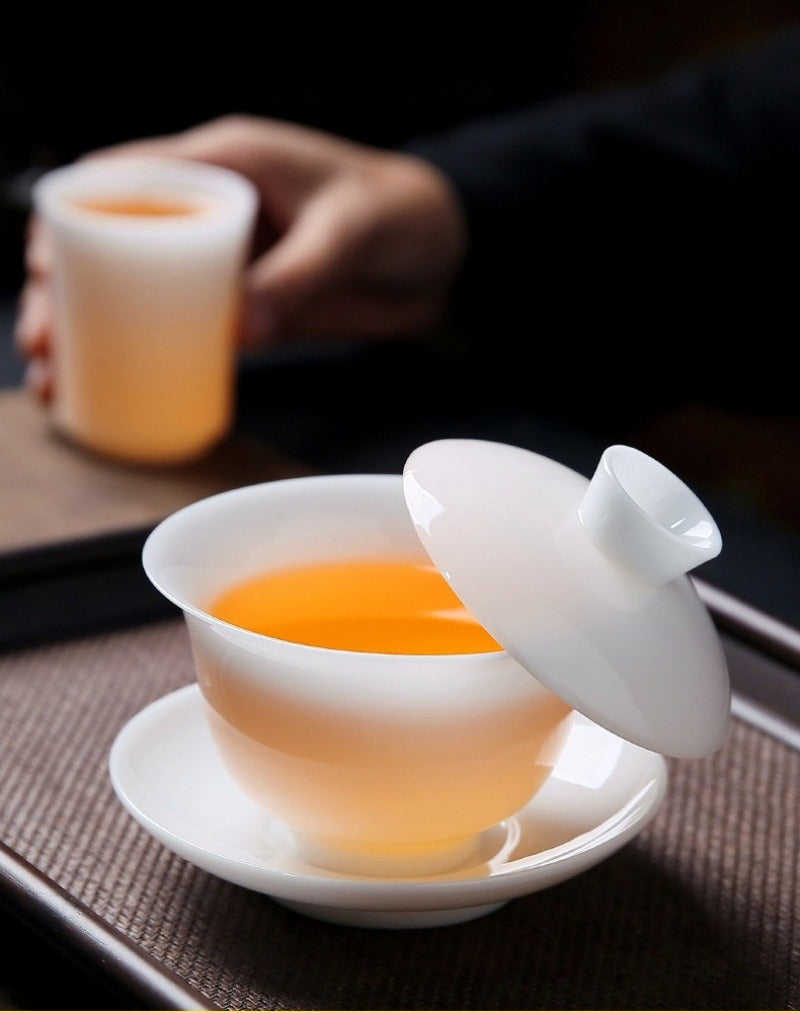 Ice Jade White Porcelain Glazed Thin Walled Sancai Gaiwan [Ingot] 120/150/200ml