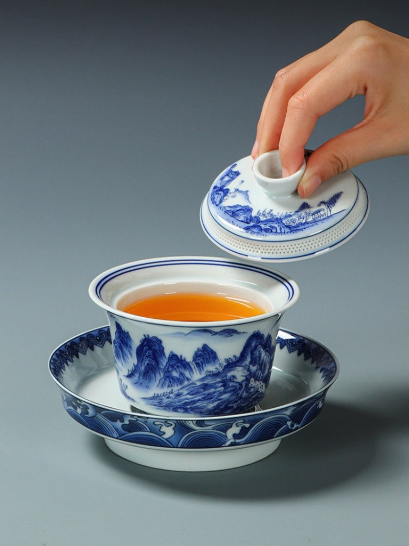 Ancient Celadon Style Ceramic [Qianli Jiangshan] Sancai Gaiwan Set 190ml