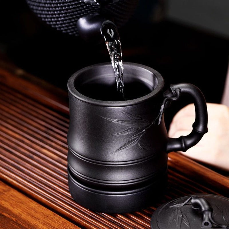Yixing Zisha Tea Mug with Infuser [Bamboo] 5pcs Set (Hei Ni - 480ml)