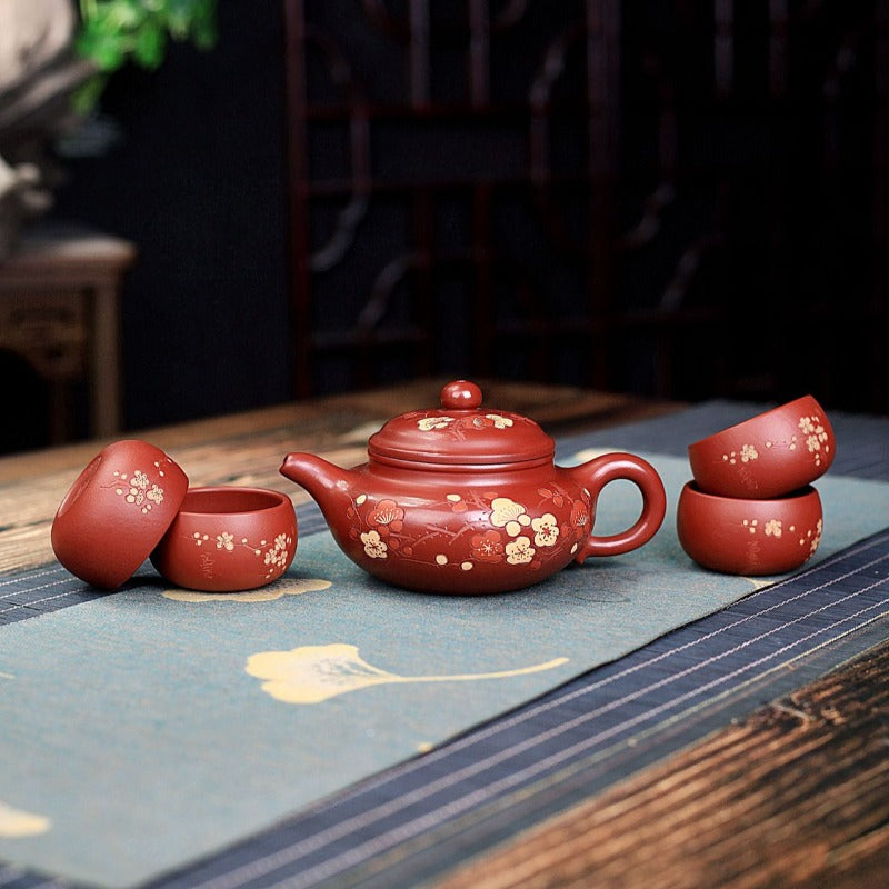 Yixing Zisha Teapot Set [Plum Blossom Fanggu] (Dahongpao - 270ml) - YIQIN TEA HOUSE | yiqinteahouse.com | 200-300ml, teapot, teaware, teaware set