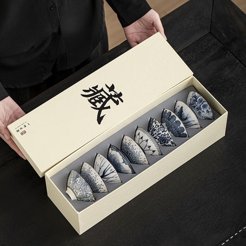 Service à thé cadeau rétro en porcelaine bleue et blanche de 10 pièces, tasses de 70 ml