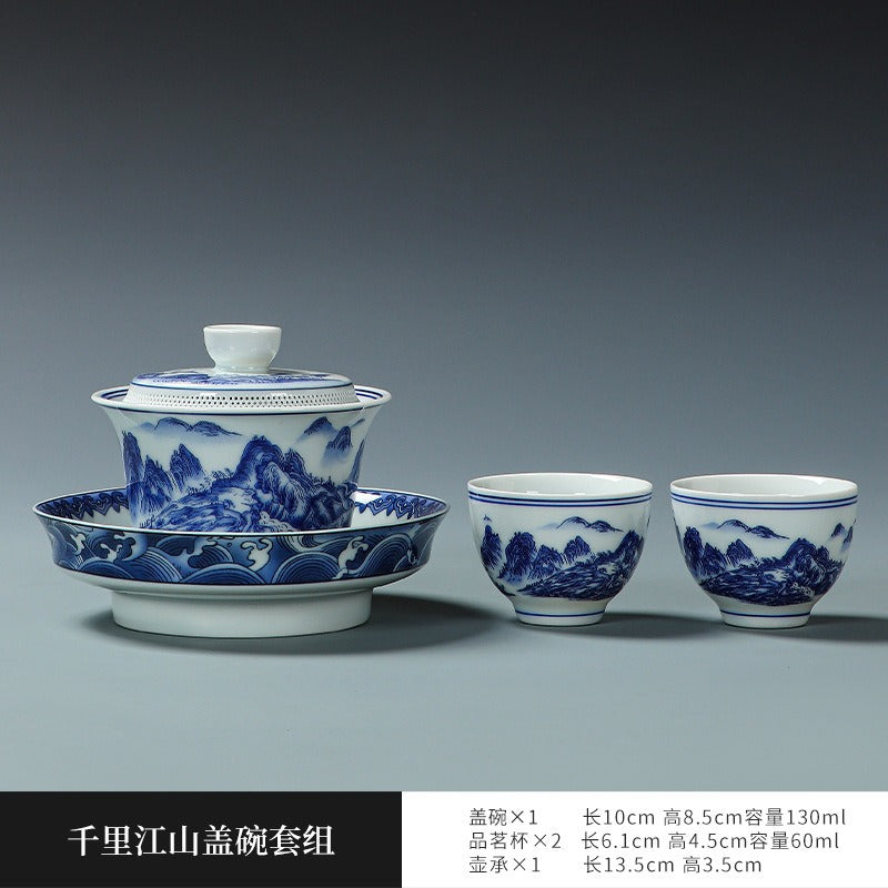 Ancient Celadon Style Ceramic [Qianli Jiangshan] Sancai Gaiwan Set 190ml