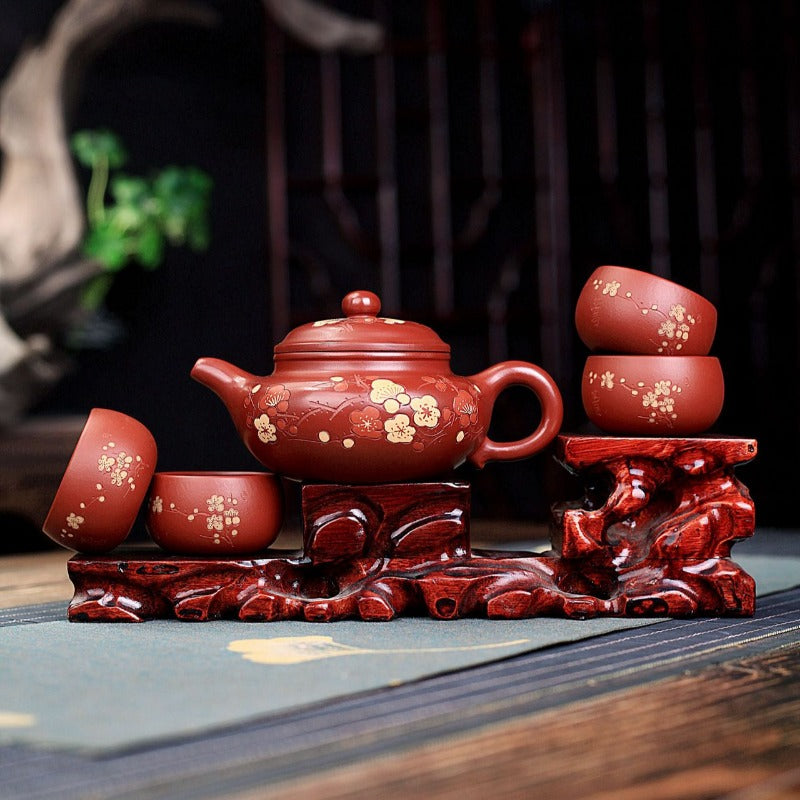 Yixing Zisha Teapot Set [Plum Blossom Fanggu] (Dahongpao - 270ml) - YIQIN TEA HOUSE | yiqinteahouse.com | 200-300ml, teapot, teaware, teaware set