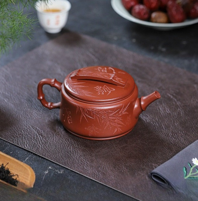 全手工宜兴紫砂茶壶 [竹海飘香汉瓦] (红皮龙 - 320ml)