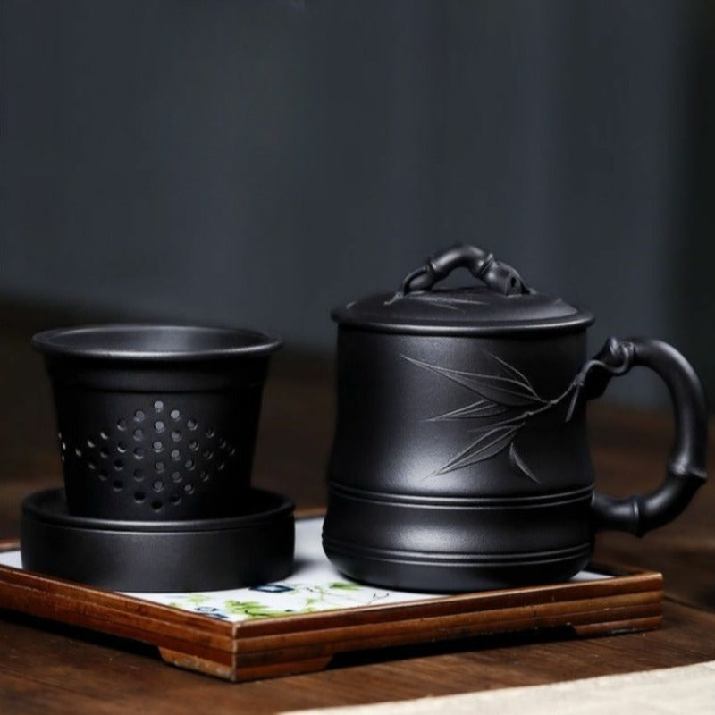 Yixing Zisha Tea Mug with Infuser [Bamboo] 5pcs Set (Hei Ni - 480ml)