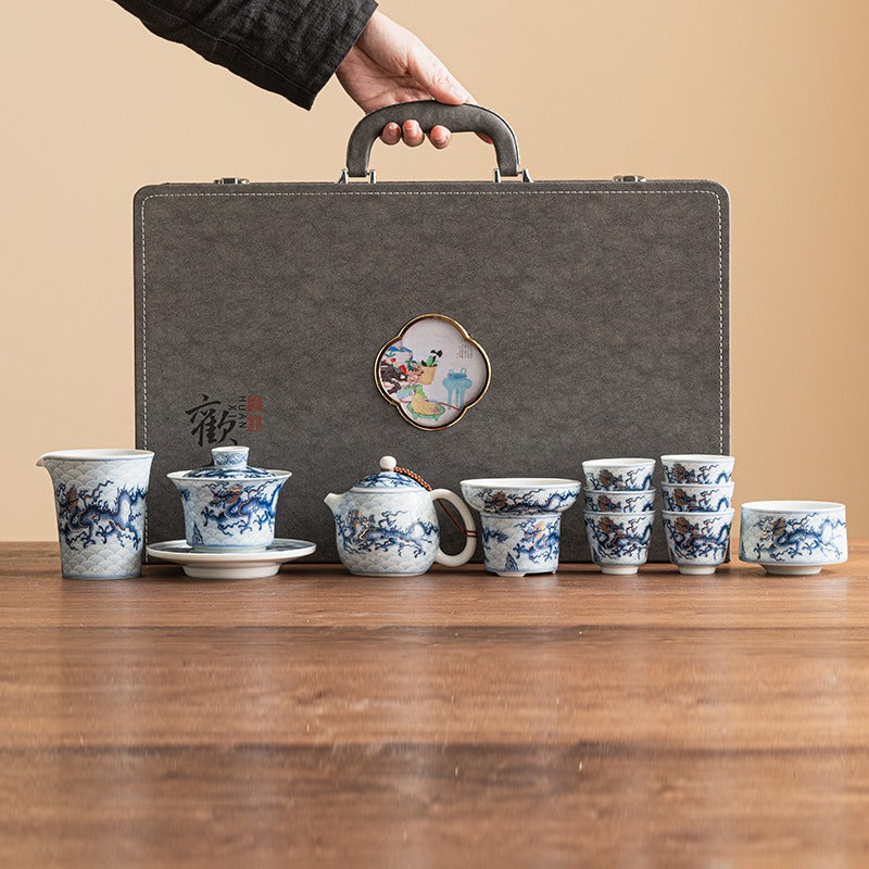 Gold- und Silbereinlage [Qinghua Blauer Drache] Gaiwan-Teekannen-Set
