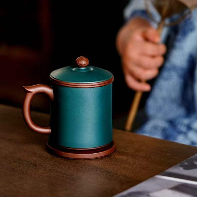 宜兴紫砂 [如意] (带茶滤/茶水分离) 盖杯 (紫泥/绿泥 - 480ml)