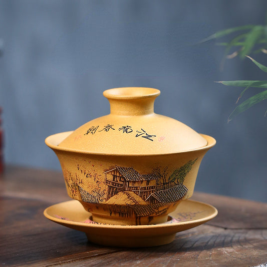 Handmade Yixing Zisha Gaiwan [Spring of Jiangnan] (Huangjin Duan Ni - 150ml)
