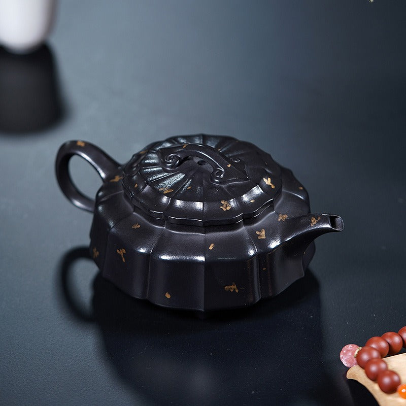 Vollständig handgefertigte Yixing-Zisha-Teekanne [Jinwen Zhou Pan] (Reduzierend gebrannter Zhu Ni - 240 ml)
