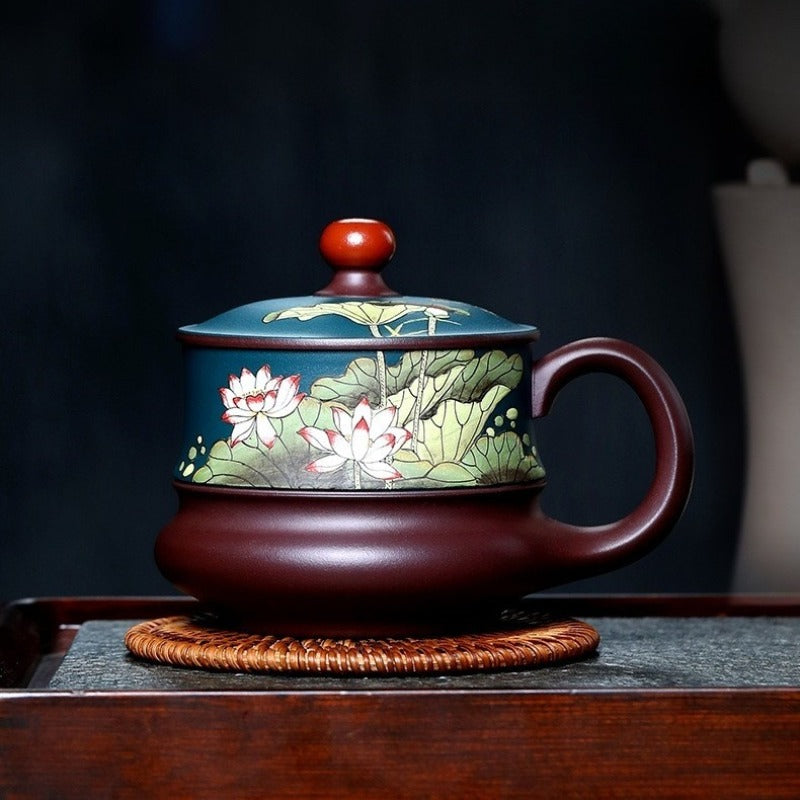 宜兴紫砂手工 [荷风] 盖杯 (绿泥/紫泥 - 420ml)