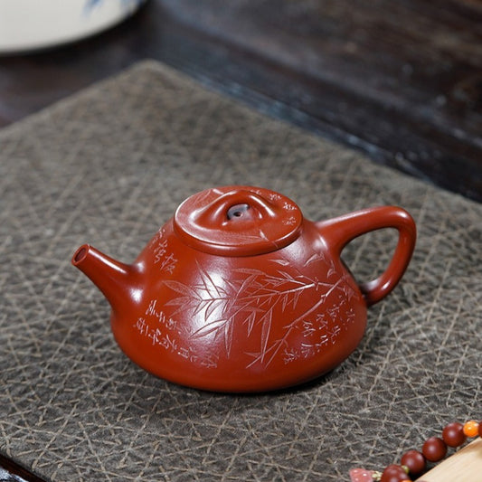 全手工宜兴紫砂茶壶【竹影子冶石瓢】（大红袍 - 300ml）