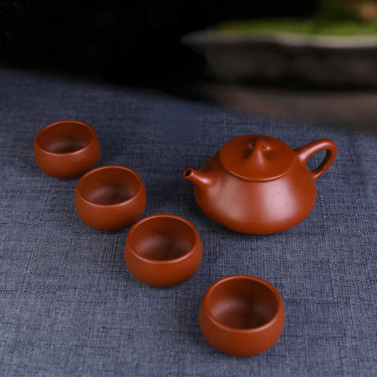 宜兴紫砂茶壶 [石瓢] 一壶四杯套装 (大红袍 - 200ml)