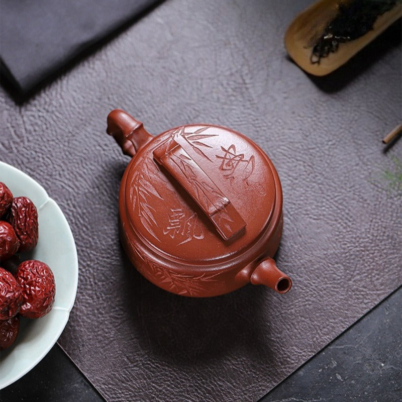 全手工宜兴紫砂茶壶 [竹海飘香汉瓦] (红皮龙 - 320ml)