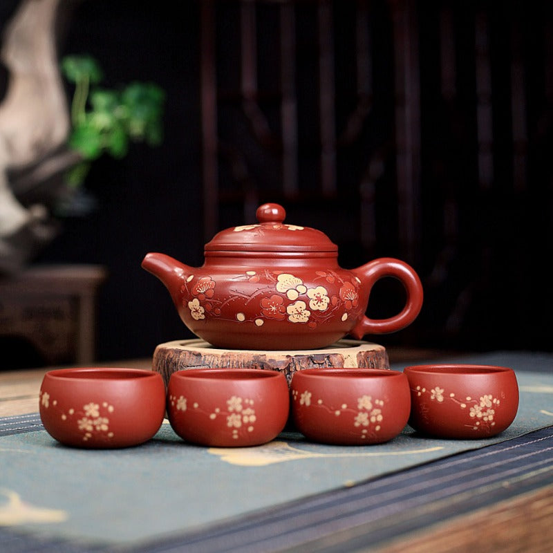 Yixing Zisha Teapot Set [Plum Blossom Fanggu] (Dahongpao - 270ml) - YIQIN TEA HOUSE | yiqinteahouse.com | 200-300ml, teapot, teaware, teaware set