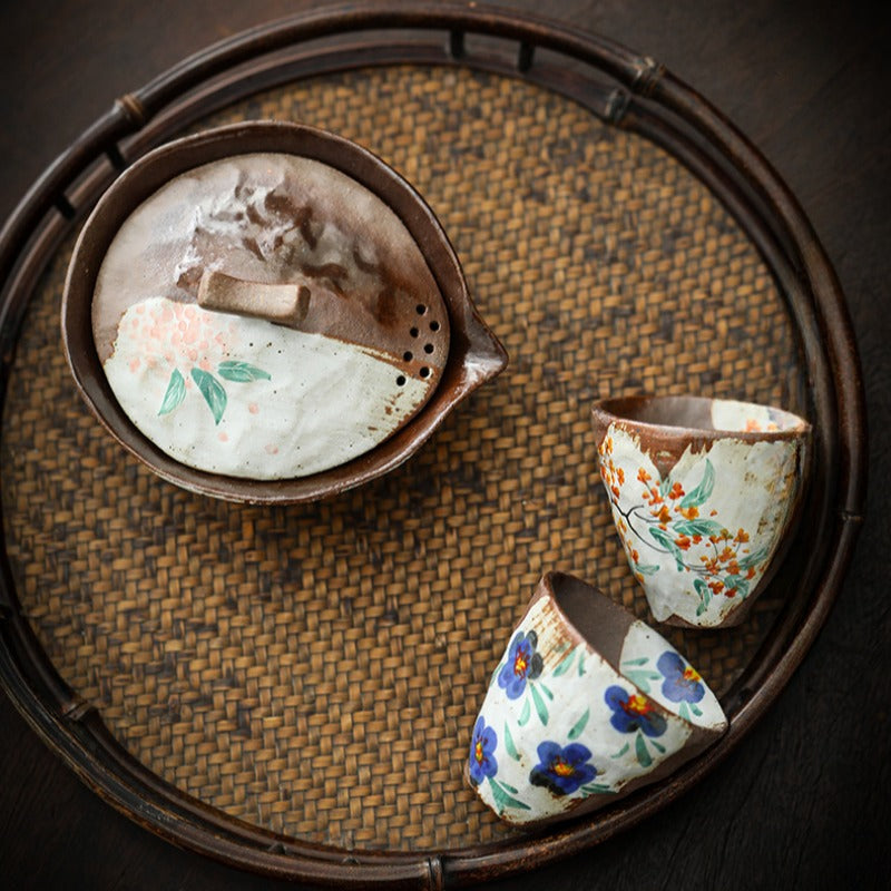 Firewood Fired Hand-painted Floral Ceramic Gaiwan / Tea Cup Set [Happiness] - YIQIN TEA HOUSE | yiqinteahouse.com | ceramic teapot, gaiwan, tea cup, teaware, teaware set