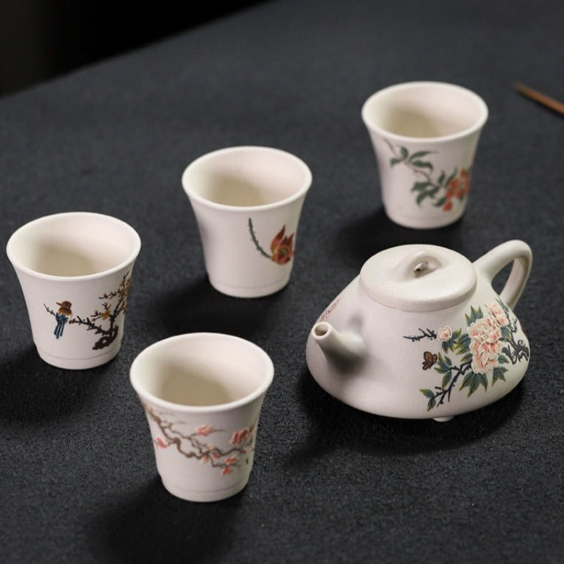 Full Handmade Yixing Zisha Teapot [Flowers Collection] 1 Pot 4 Cups Set (Bei Duan Ni - 245ml)