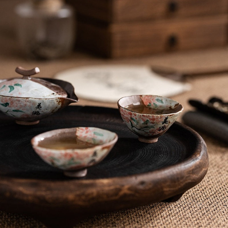 Juego de tazas de té Gaiwan de cerámica floral, pintadas a mano y horneadas a leña [Felicidad]
