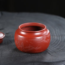 Load image into Gallery viewer, Yixing Zisha Tea Jar Tea Caddy [Jingguan Qinghe] | 宜兴紫砂茶叶罐 存茶罐 手工刻绘山水字画 [静观·清和]
