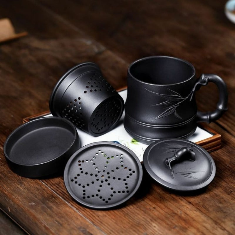 Yixing Zisha Tea Mug with Infuser [Bamboo] 5pcs Set (Hei Ni - 480ml)