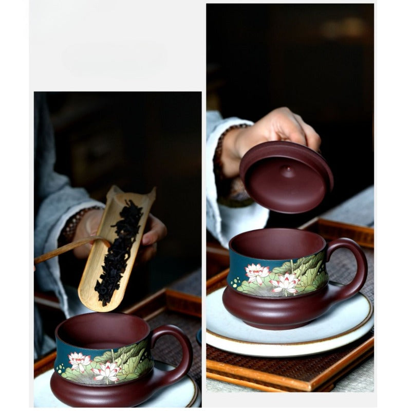 宜兴紫砂手工 [荷风] 盖杯 (绿泥/紫泥 - 420ml)