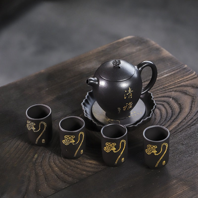 Full Handmade Yixing Zisha Teapot [Wen Xiang] 1 Pot 4 Cups with Tea Tray Set (Shi Huang - 150ml) - YIQIN TEA HOUSE | yiqinteahouse.com | <200ml, full handmade zisha teapot, teapot, teaware, teaware set