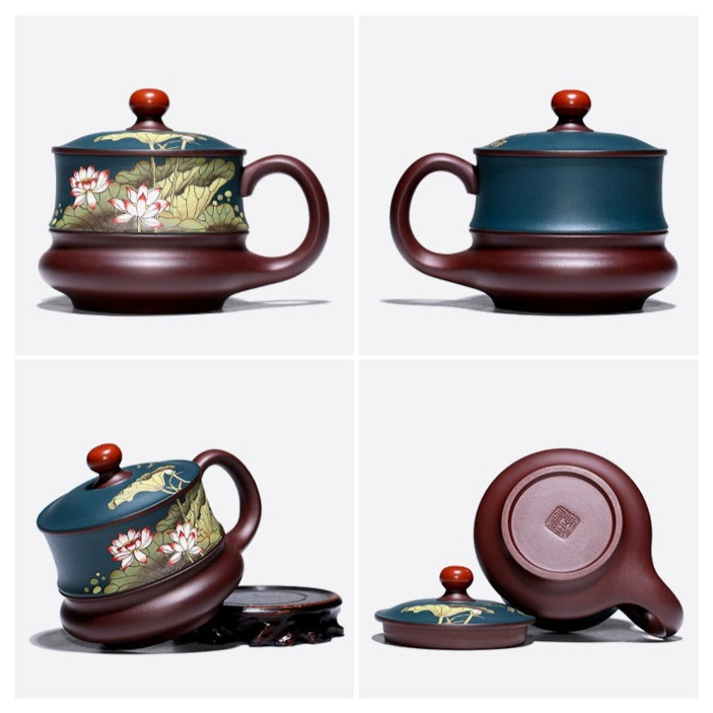 宜兴紫砂手工 [荷风] 盖杯 (绿泥/紫泥 - 420ml)