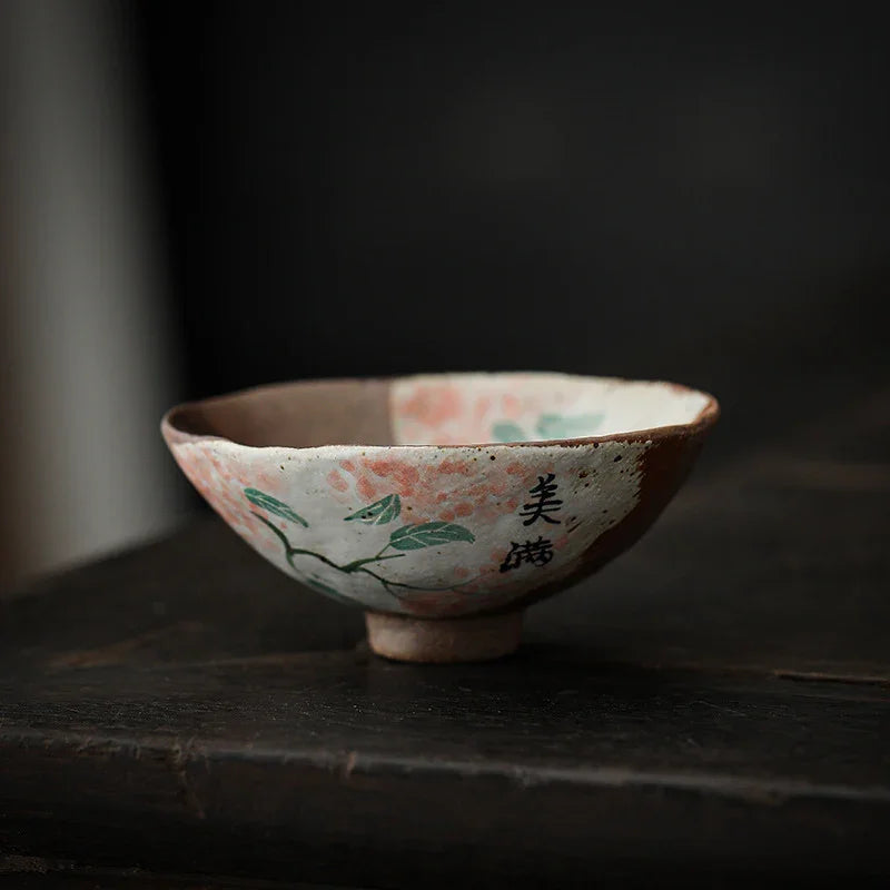 Set Gaiwan / Cawan Teh Seramik Lukisan Tangan Api Kayu [Kebahagiaan]