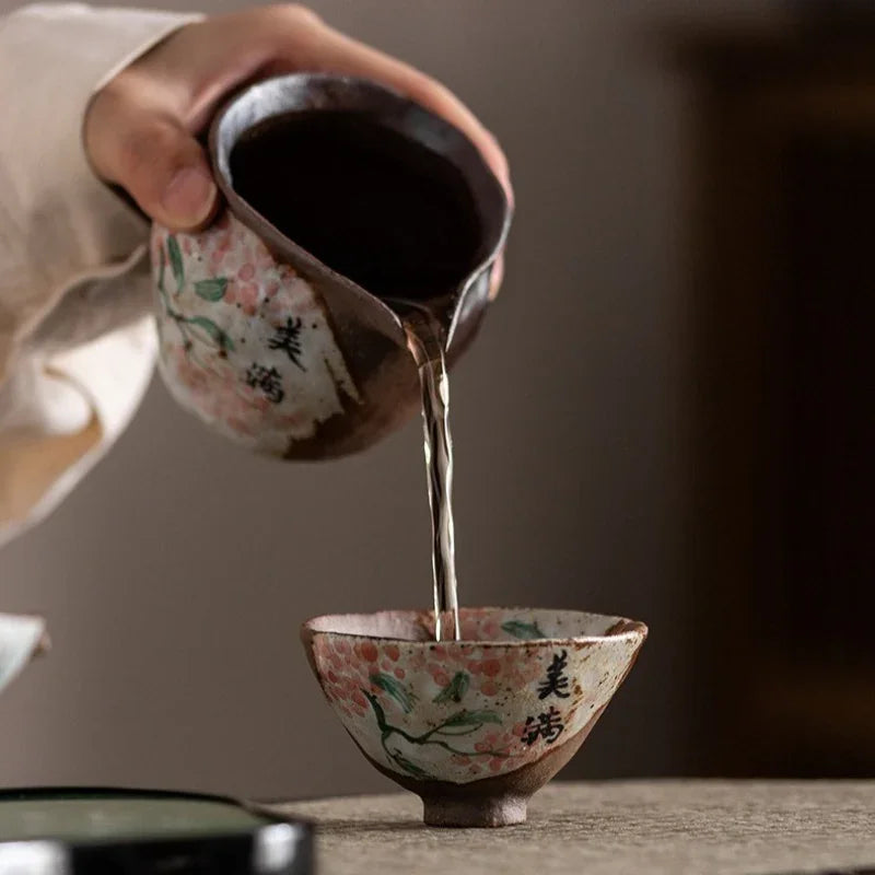 Set Gaiwan / Cawan Teh Seramik Lukisan Tangan Api Kayu [Kebahagiaan]